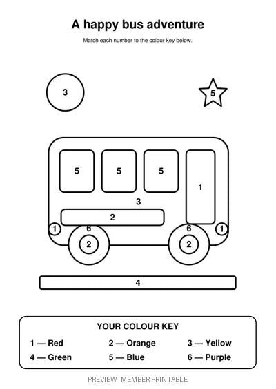A Happy Bus Adventure — colour by number with colour key watermarked preview