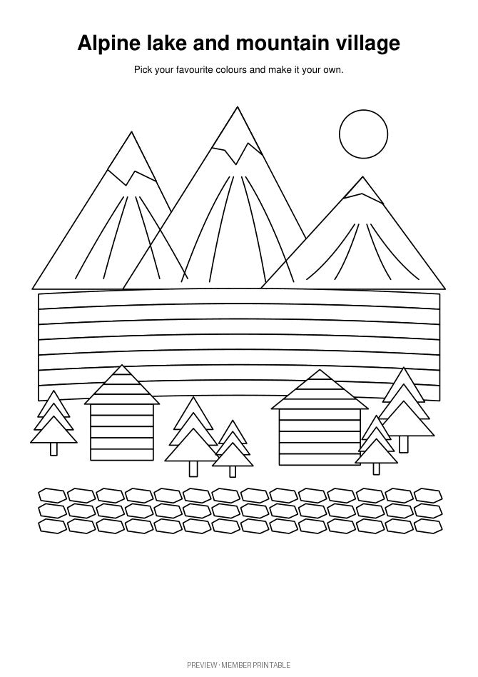 Alpine Lake and Mountain Village: plain black-and-white colouring preview