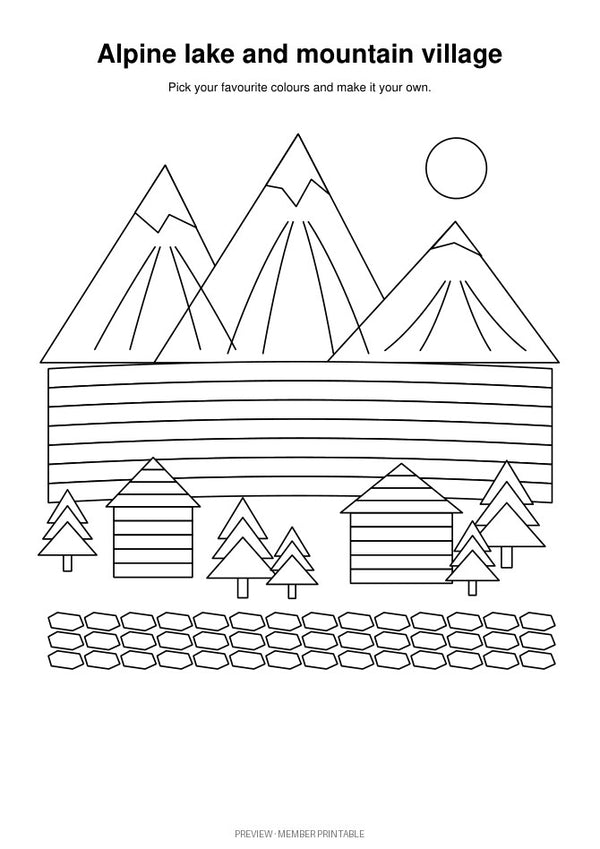 Alpine Lake and Mountain Village: plain black-and-white colouring preview