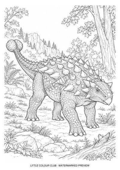 Ankylosaurus three-quarter view in a woodland clearing with differentiated armour and tail club – black-and-white dinosaur colouring page for ages 13+