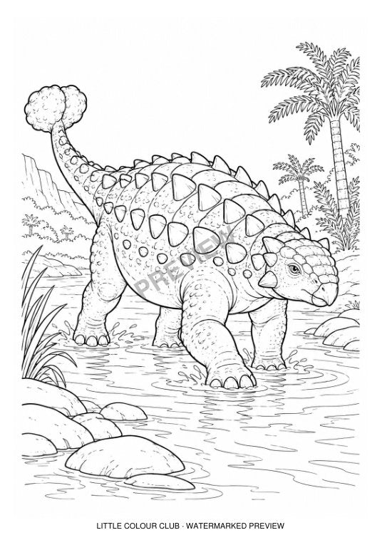 Ankylosaurus crossing shallow water, visible club tail and curved armour – black-and-white dinosaur colouring page for ages 7-8