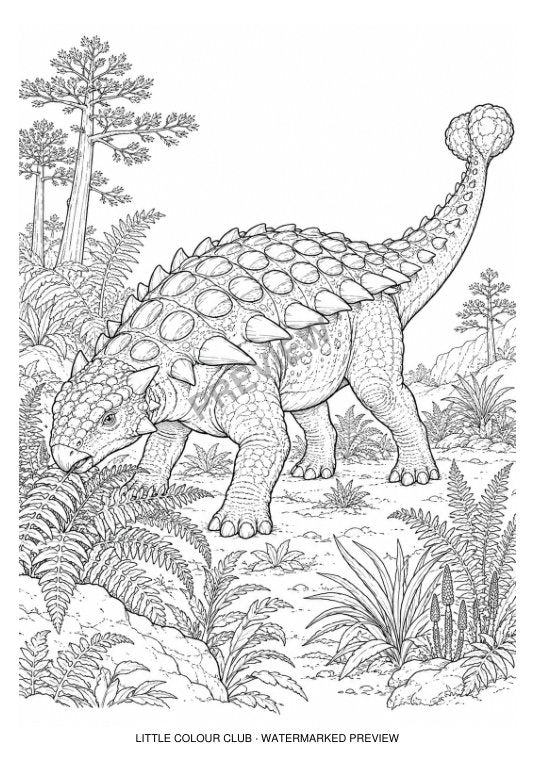 Ankylosaurus foraging among ferns with clear armour and tail club – black-and-white dinosaur colouring page for ages 9-12