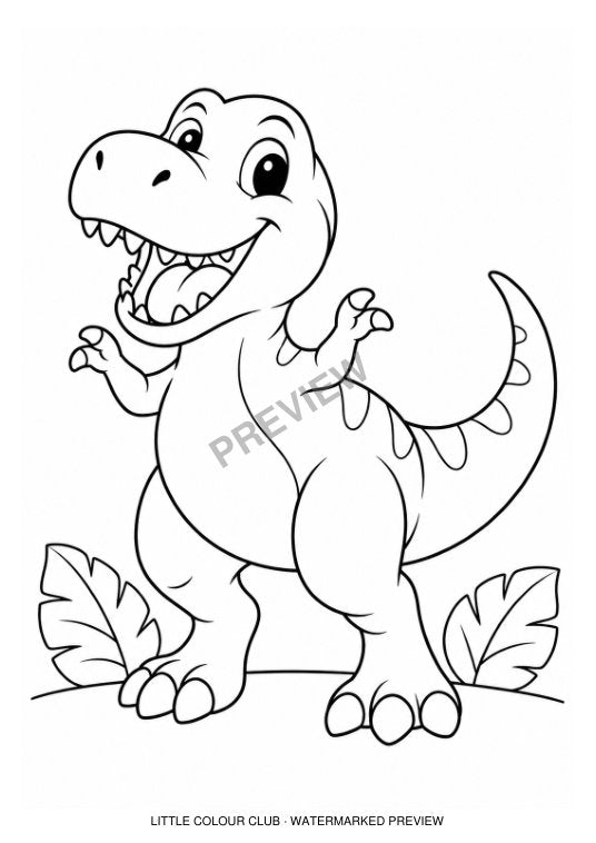 baby Tyrannosaurus rex waving, big rounded head, two short arms, two legs, curved tail, two leaves – black-and-white dinosaur colouring page for ages 3-4