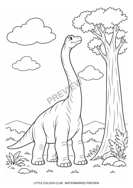 Brachiosaurus beside a tall tree looking at fluffy clouds – black-and-white dinosaur colouring page for ages 5-6