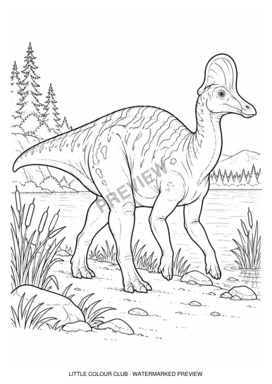Corythosaurus walking on a reed-lined lake shore – black-and-white dinosaur colouring page for ages 7-8