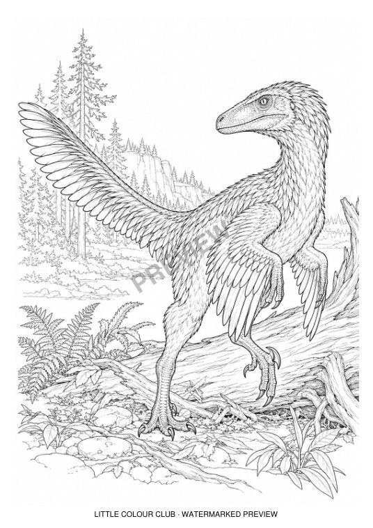 Detailed feathered Deinonychus standing beside a fallen tree, winglike forelimbs and raised sickle toe claw – black-and-white dinosaur colouring page for ages 13+