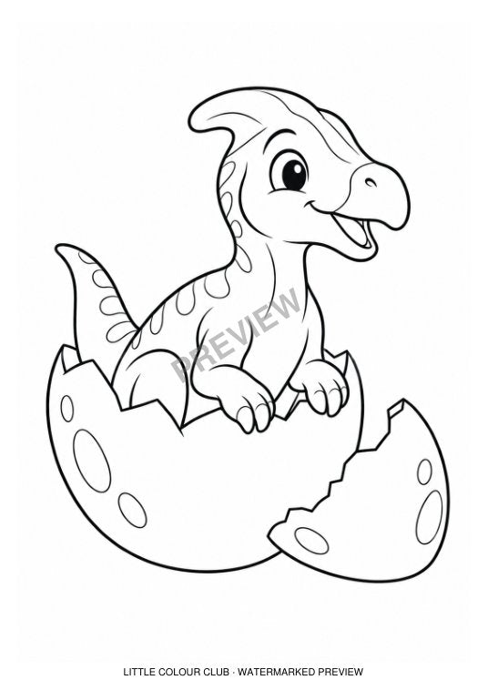 Baby Maiasaura peeking out of a cracked egg, two pieces of shell – black-and-white dinosaur colouring page for ages 3-4