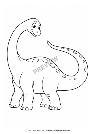 long-tailed Diplodocus looking back at its own tail – black-and-white dinosaur colouring page for ages 3-4