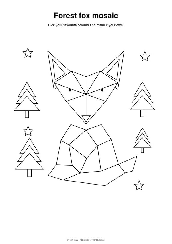 Forest Fox Mosaic: plain black-and-white colouring preview