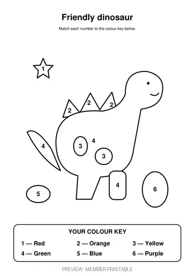 Friendly Dinosaur — colour by number with colour key watermarked preview