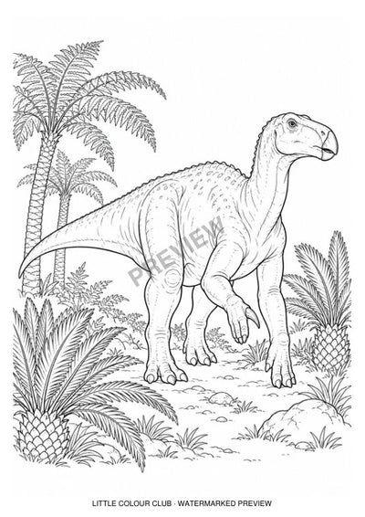 Iguanodon walking between cycads and tree ferns – black-and-white dinosaur colouring page for ages 7-8