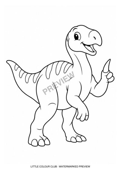 Baby Iguanodon raising its thumb spike, simple friendly cartoon pose – black-and-white dinosaur colouring page for ages 3-4