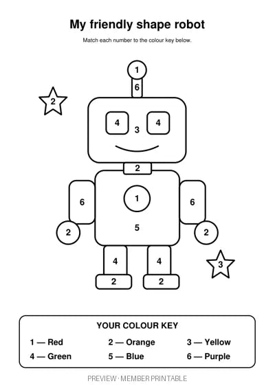 My Friendly Shape Robot — colour by number with colour key watermarked preview