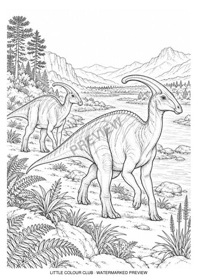 Two lifelike Parasaurolophus walking through a broad river valley – black-and-white dinosaur colouring page for ages 9-12