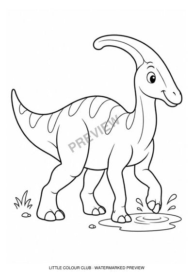 Parasaurolophus stepping into a tiny puddle, clear curved crest – black-and-white dinosaur colouring page for ages 3-4