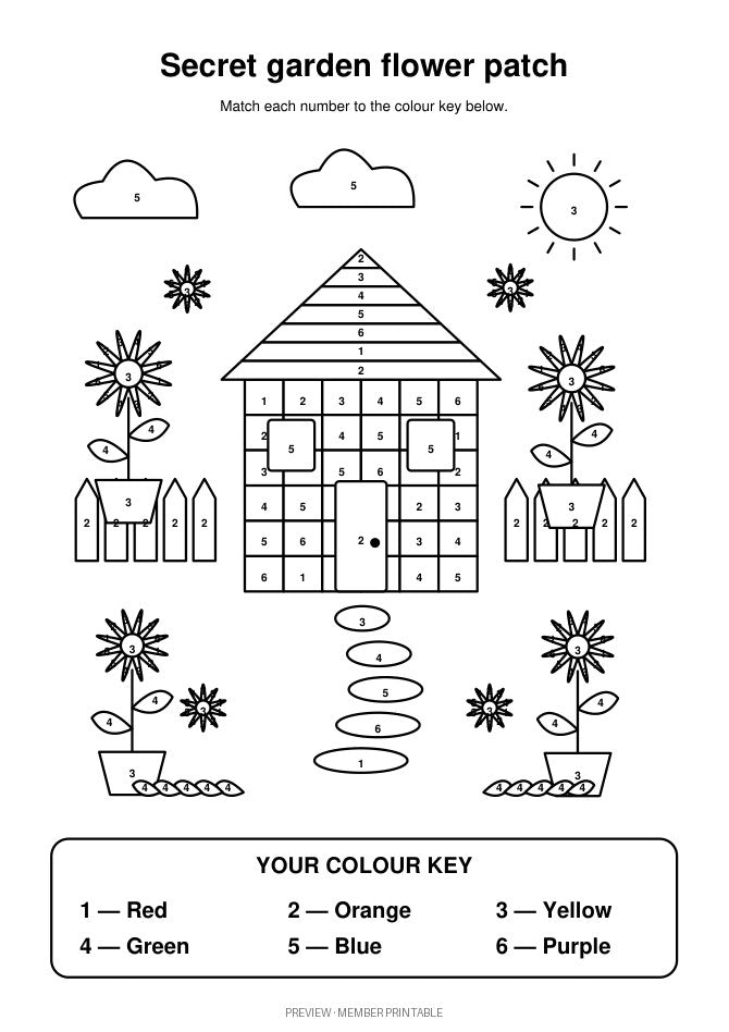 Detailed v2 secret garden flower patch — colour by number with key preview
