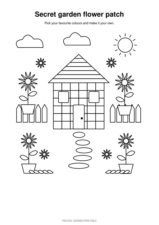 Detailed v2 secret garden flower patch — plain colouring preview