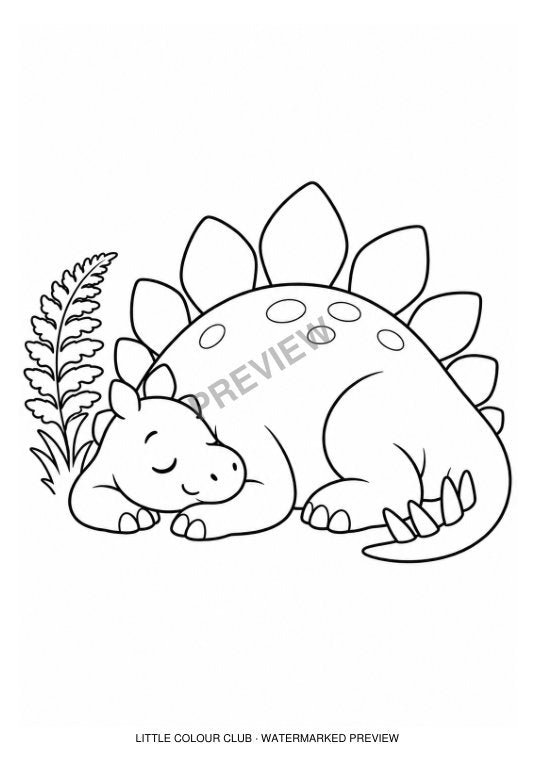 Sweet curled-up sleeping Stegosaurus with big rounded back plates beside a single fern – black-and-white dinosaur colouring page for ages 3-4