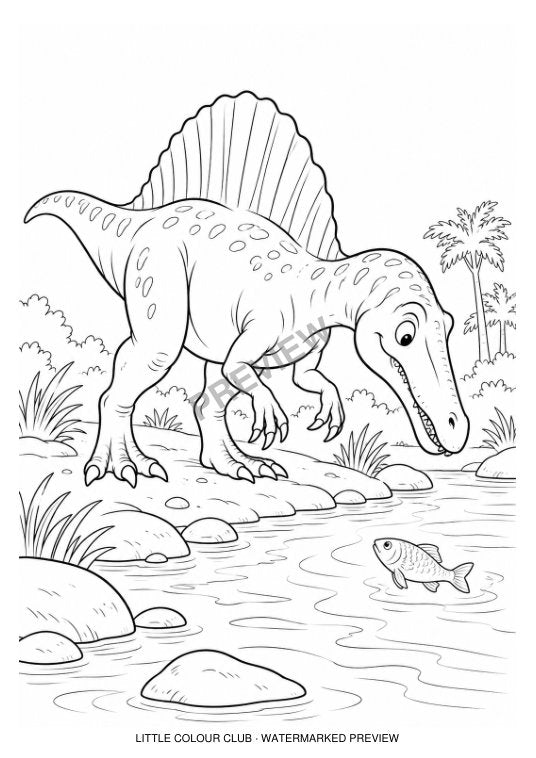 Spinosaurus looking at one fish in a clear stream, no predation – black-and-white dinosaur colouring page for ages 5-6