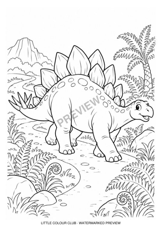 Stegosaurus following a winding path through ferns – black-and-white dinosaur colouring page for ages 5-6