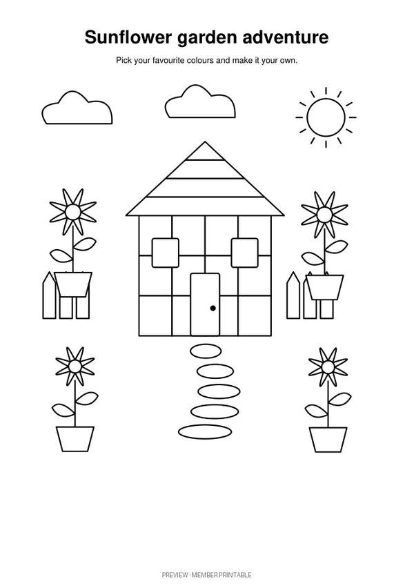 Detailed v2 sunflower garden adventure — plain colouring preview