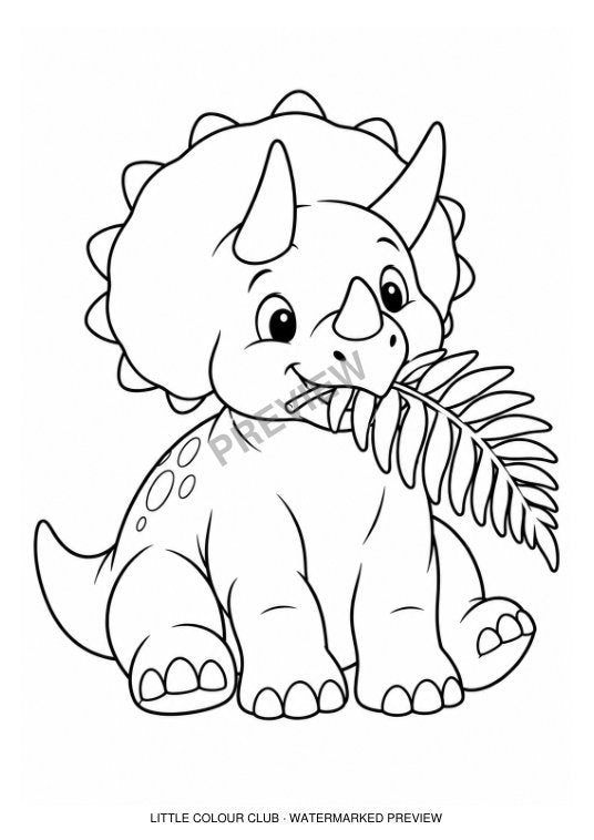 Seated friendly Triceratops eating a big fern frond – black-and-white dinosaur colouring page for ages 3-4