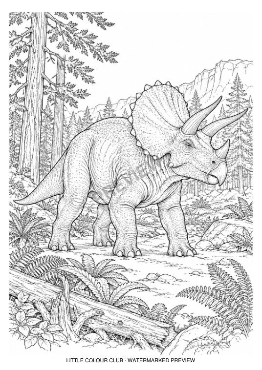 Triceratops in a late Cretaceous woodland with three horns, frill and natural skin folds – black-and-white dinosaur colouring page for ages 13+