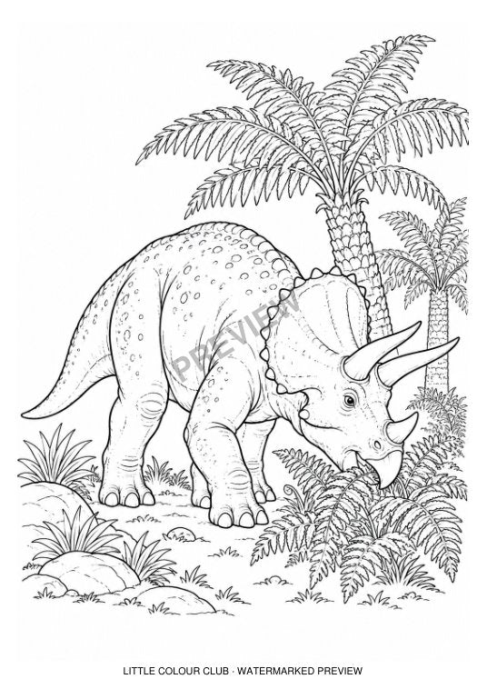 Triceratops browsing under tree ferns, natural curved body – black-and-white dinosaur colouring page for ages 7-8
