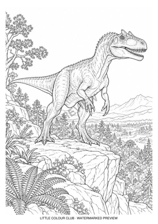 Allosaurus standing on a rock ledge overlooking a forest, no violence – black-and-white dinosaur colouring page for ages 9-12