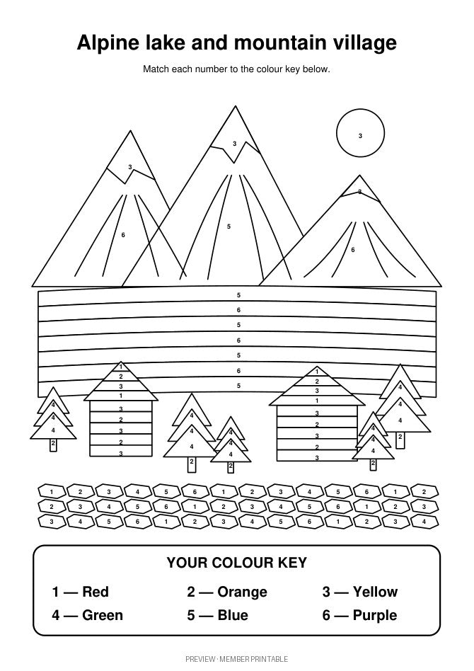 Alpine Lake and Mountain Village: colour by number with colour key preview