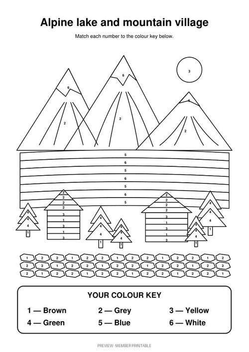 Alpine Lake and Mountain Village: numbered preview with subject-aware colour key