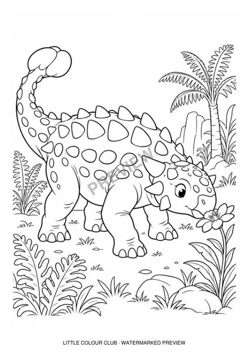 Ankylosaurus sniffing a flower among simple prehistoric plants – black-and-white dinosaur colouring page for ages 5-6
