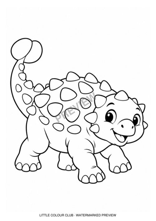 Happy squat baby Ankylosaurus walking, simple rounded armour and visible club tail – black-and-white dinosaur colouring page for ages 3-4