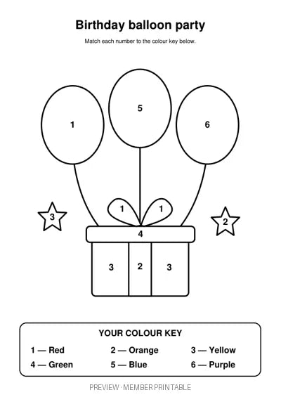 Birthday Balloon Party — colour by number with colour key watermarked preview