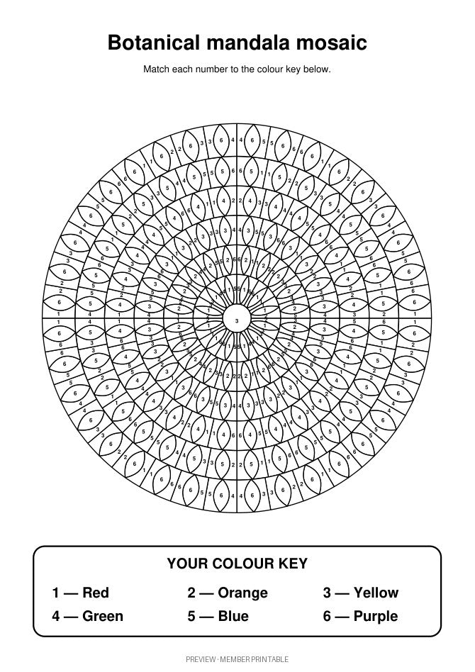 Detailed v2 botanical mandala mosaic — colour by number with key preview