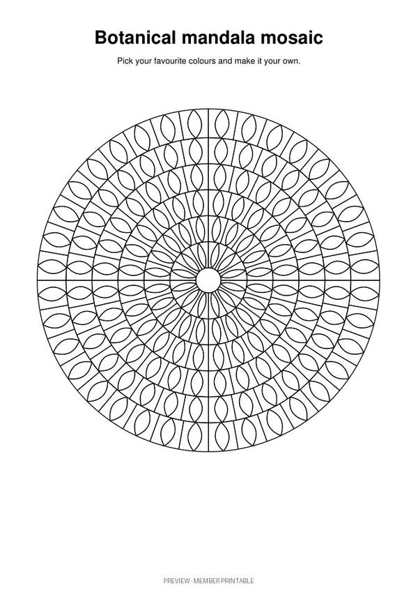 Detailed v2 botanical mandala mosaic — plain colouring preview