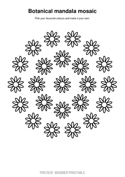 Botanical Mandala Mosaic: plain black-and-white colouring preview