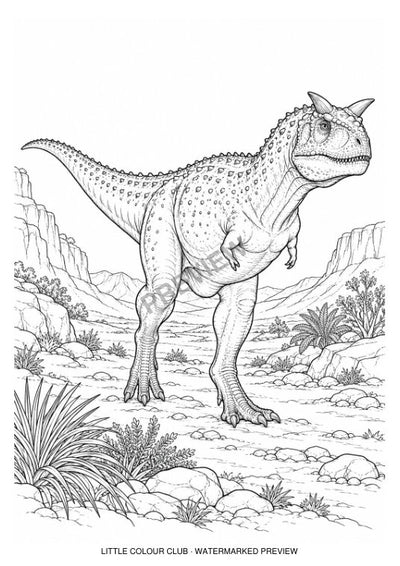 Carnotaurus crossing a dry valley, two short brow horns and tiny arms – black-and-white dinosaur colouring page for ages 9-12