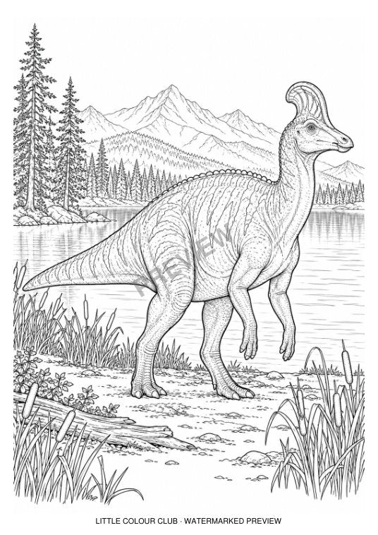 Corythosaurus at a lake with reeds, conifers and distant mountains – black-and-white dinosaur colouring page for ages 13+