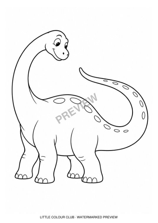 long-tailed Diplodocus looking back at its own tail – black-and-white dinosaur colouring page for ages 3-4