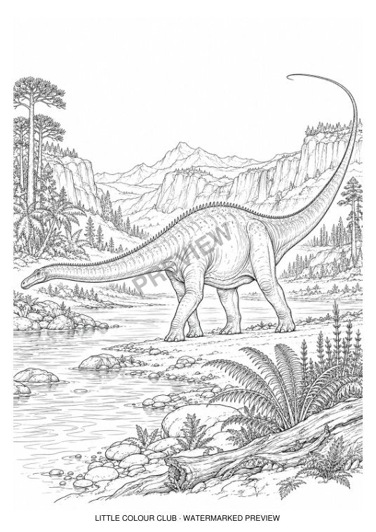 Diplodocus full length within an expansive Jurassic river valley, whip tail and low horizontal neck – black-and-white dinosaur colouring page for ages 13+