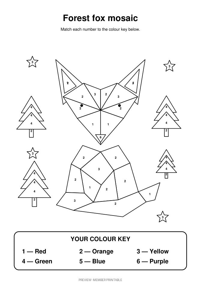 Forest Fox Mosaic: colour by number with colour key preview