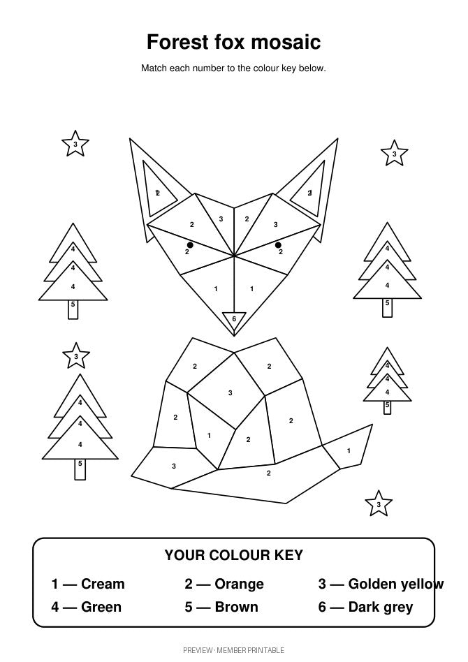 Forest Fox Mosaic: numbered preview with subject-aware colour key