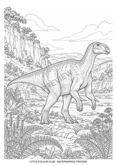 Iguanodon in a limestone river valley, thumb spikes, textured vegetation and layered landscape – black-and-white dinosaur colouring page for ages 13+