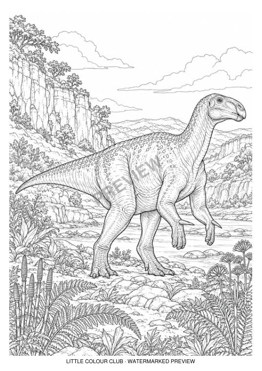 Iguanodon in a limestone river valley, thumb spikes, textured vegetation and layered landscape – black-and-white dinosaur colouring page for ages 13+