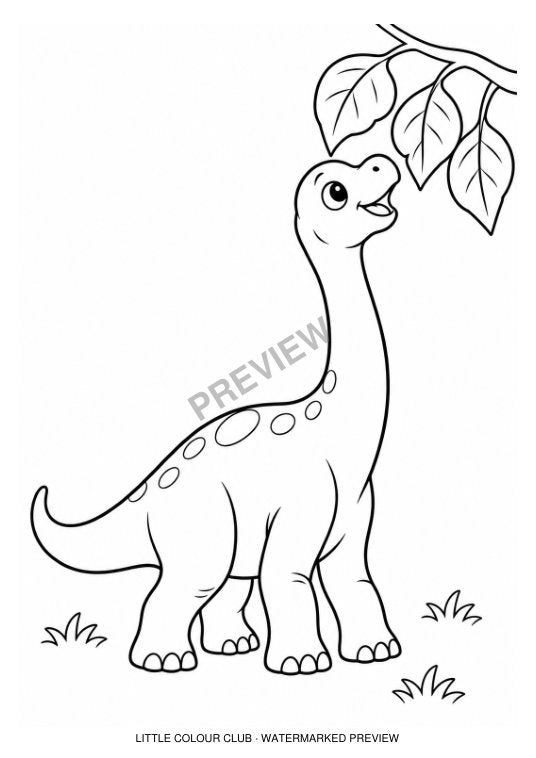 Smiling baby Brachiosaurus reaching up for three large leaves – black-and-white dinosaur colouring page for ages 3-4