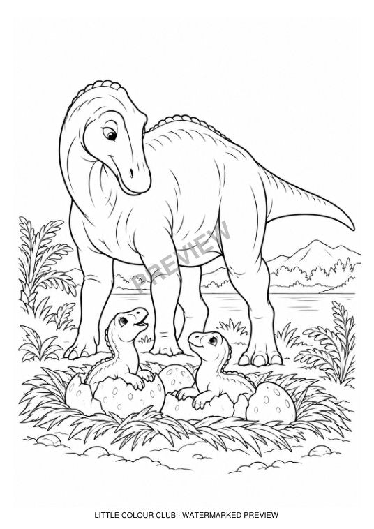 Maiasaura gently watching two hatchlings in a nest – black-and-white dinosaur colouring page for ages 5-6