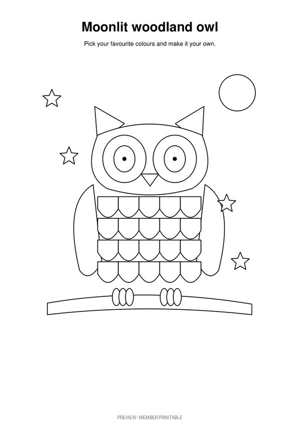 Moonlit Woodland Owl: plain black-and-white colouring preview