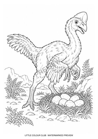 Feathered Oviraptor beside a nest with several eggs, peaceful scene – black-and-white dinosaur colouring page for ages 7-8