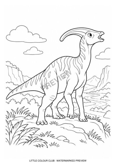 Parasaurolophus calling across a simple valley, no written sound effects – black-and-white dinosaur colouring page for ages 5-6